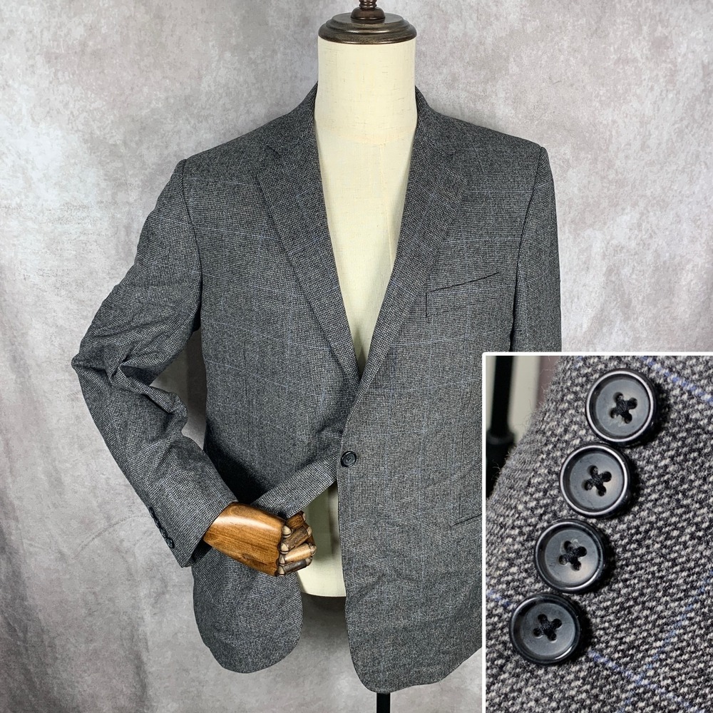 Brooks Brothers Cashmere Blazer Men 44R Gray Windowpane Fitzgerald E Thomas Wool